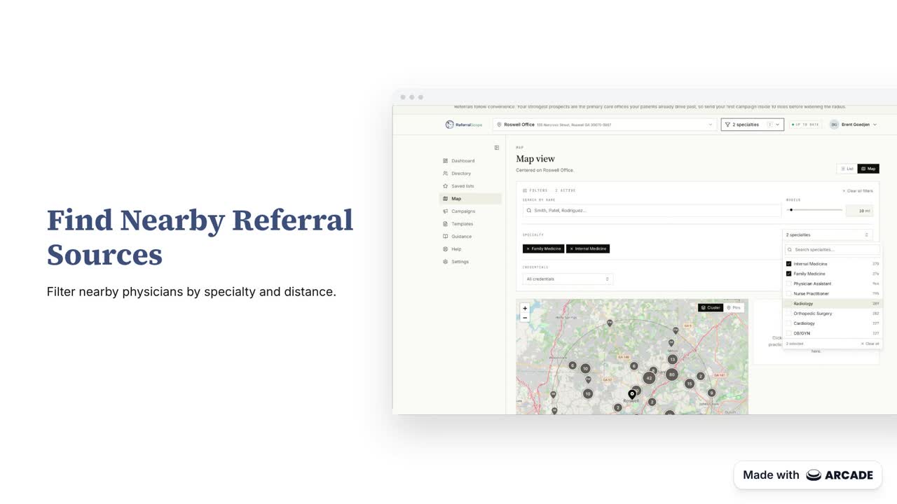 ReferralScope map view, filtered to nearby family and internal medicine physicians